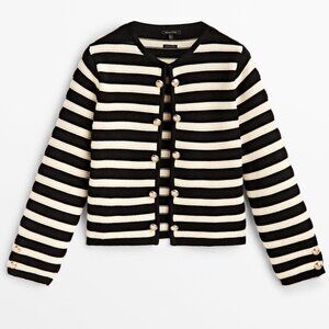Massimo Dutti Black and Cream Stripes Cardigan Sweater With Double Buttons